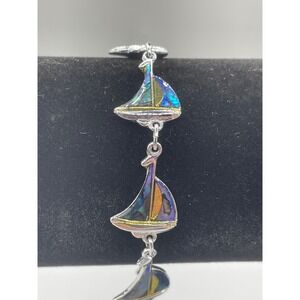 VTG Abalone Shell Sailboat Link Bracelet Silver Tone Nautical Paua Shell 7.5"